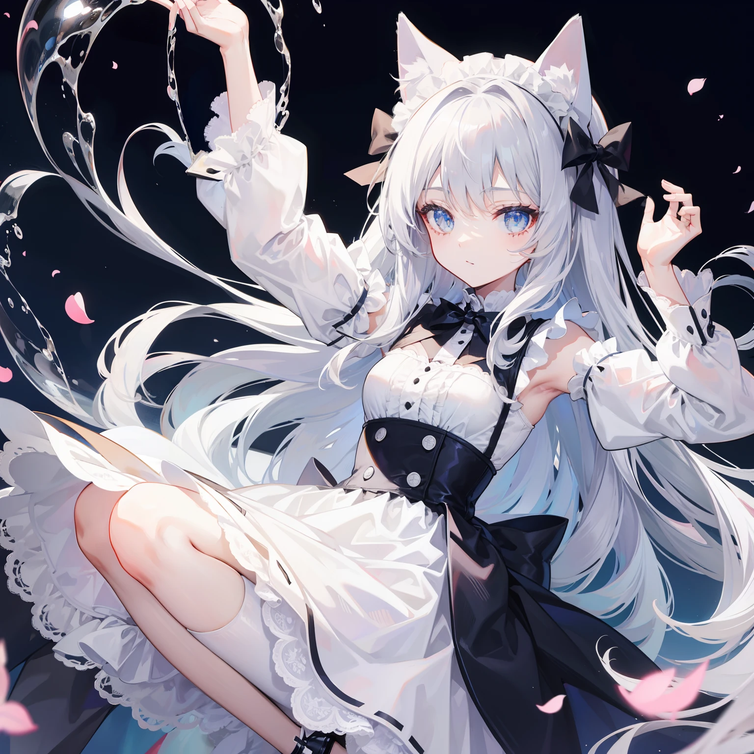 Anime girl with white hair and black dress holding a cat - SeaArt AI