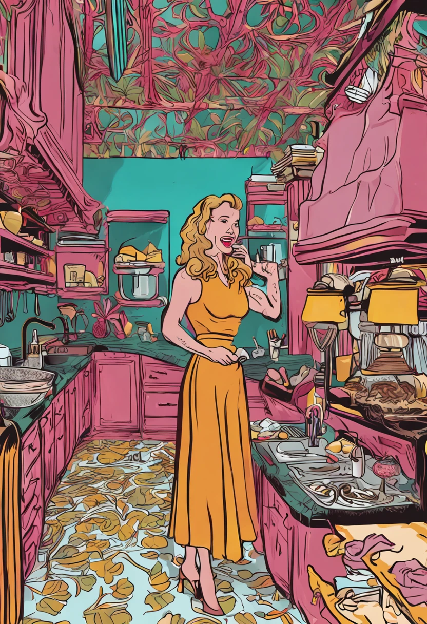 Illustration of a woman in a kitchen with a pink ceiling - SeaArt AI