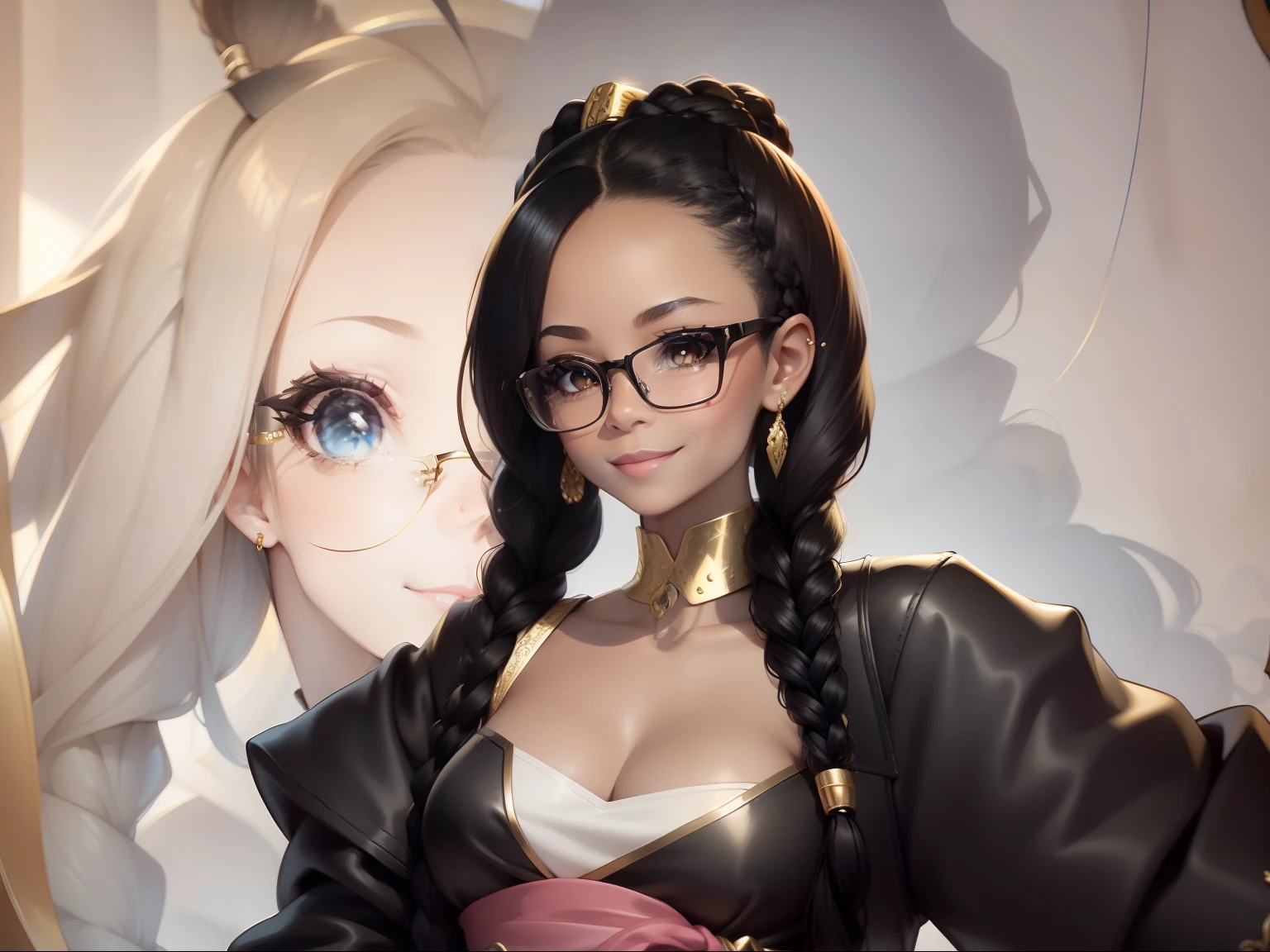 Caricature avatar，Best Picture Quality，Beautuful Women，Black double braided hairstyle，Sweet cool，adolable，With gold wire glasses，front smile