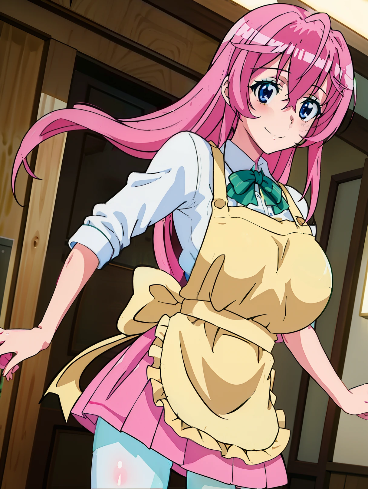 masterpiece, best quality, otome, 1girl, smile, happy, blue eyes, Pink haired, long hair, fit body, slender body, (correct anatomy), big , green bow, white shirt, yellow apron, red miniskirt, green pantyhose, both hands hidden, both hands behind the back,