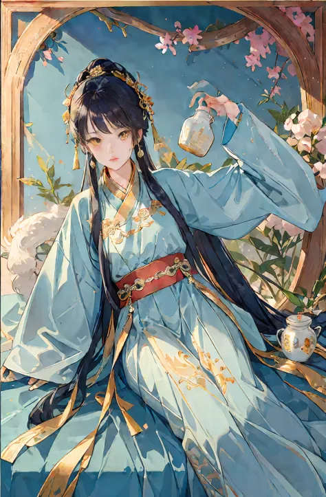 Anime girl sitting on bed holding teacup in blue dress, Palace ， A girl in Hanfu, Guviz-style artwork, Digital art on Pixiv, trending on artstation pixiv, flowing magical robe, Guweiz in Pixiv ArtStation, ((a beautiful fantasy empress)), Beautiful characte...