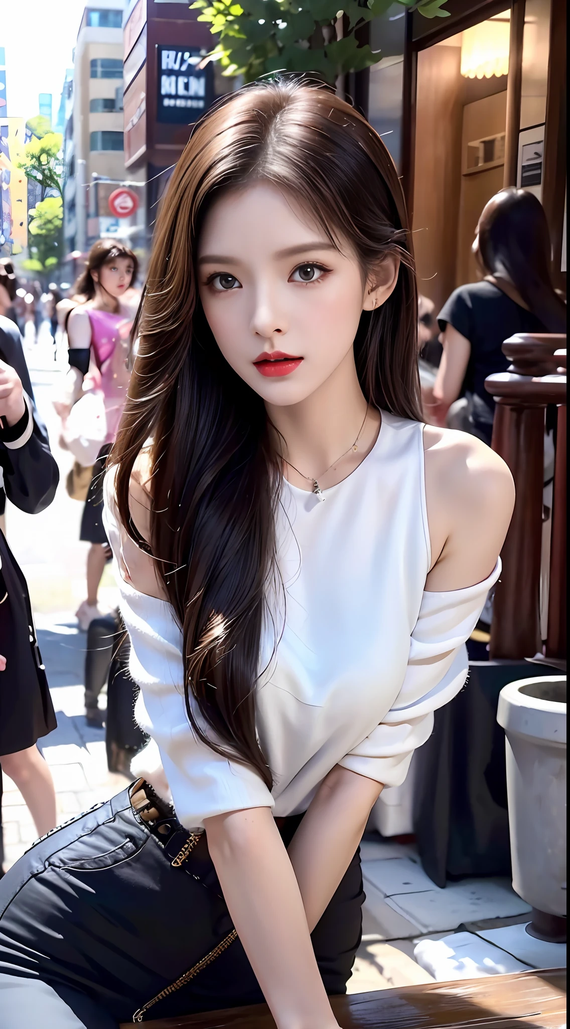 Urban Beautiful Girl College Student，tmasterpiece，Light makeup，Redlip，Silvery hair，Messy long hair，streets background，gracefulness，Elegance。ultra fine detailed，Works of masters，Authentic texture，Cinematic lighting realism，perfect works，8K，k hd，Delicate facial features，Slim figure，Big bright eyes，Smooth skin，