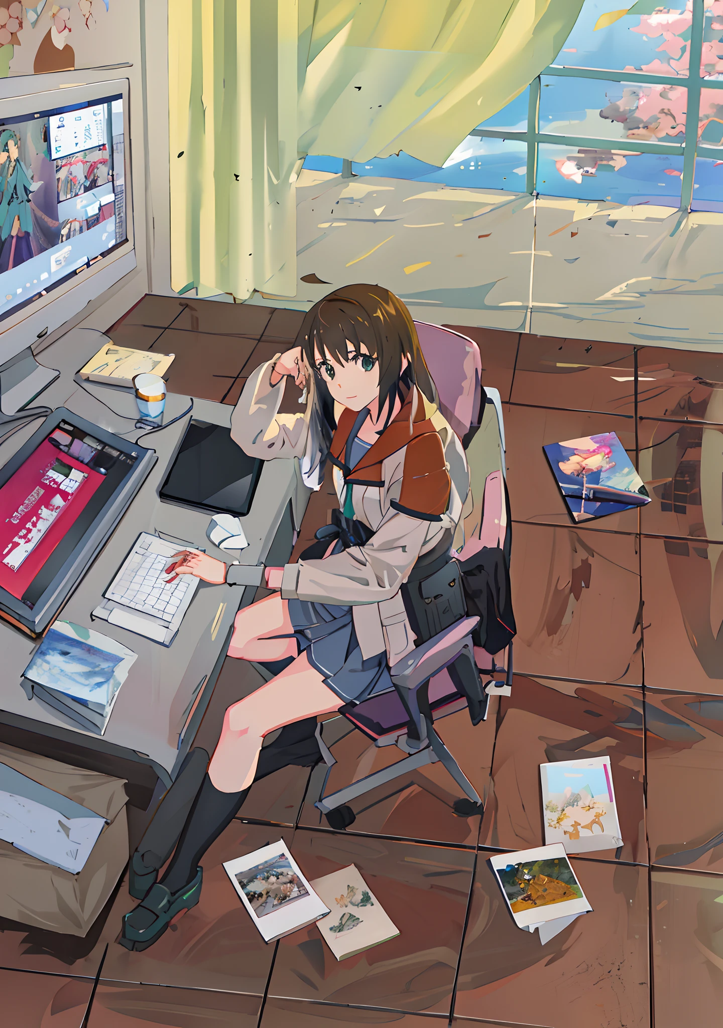 Menina do anime sentada na mesa，Segure seu laptop e documentos。, makoto shinkai. uma renderização digital, Estilo Shinkai Makoto, estilo de arte makoto shinkai, no estilo da animação de Kyoto, Estilo de coleção Kantai, Honest, vencedor do concurso pixiv, Desenhado no Anime Painter Studio, estilo de arte anime moe, novelas visuais CG, no pixiv