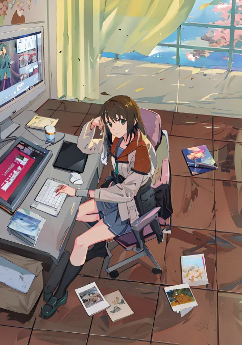 Anime girl sitting at desk，Hold your laptop and documents。, Makoto Shinkai. A digital rendering, Shinkai Makoto style, makoto sh...