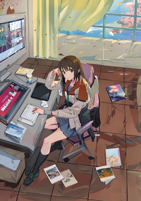 anime girl sitting at desk，hold your laptop and documents。, makoto shinkai. a digital rendering, shinkai makoto style, makoto sh...