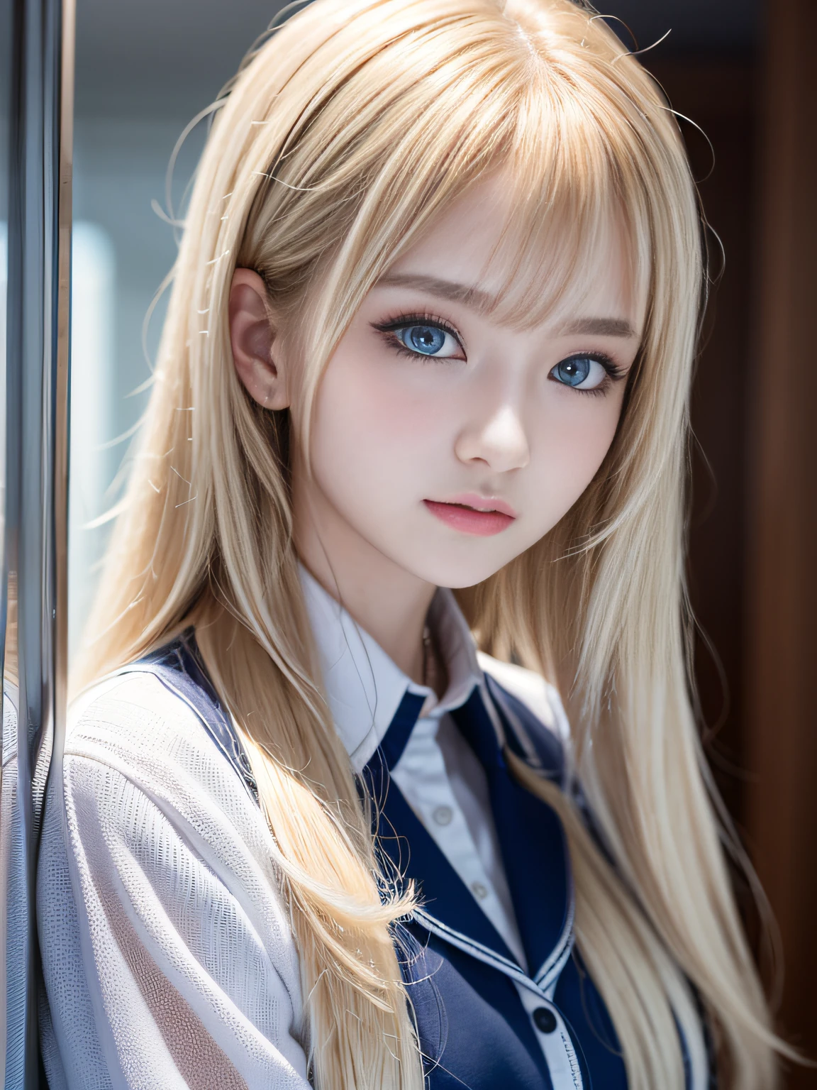 portlate、School Uniforms、bright expression、Young shiny shiny white shiny skin、Best Looks、Blonde reflected light、Platinum blonde hair with dazzling highlights、shiny light hair,、Super long silky straight hair、Beautiful bangs that shine、Glowing crystal clear attractive big blue eyes、Very beautiful nice cute 16 year old girl、Lush bust、