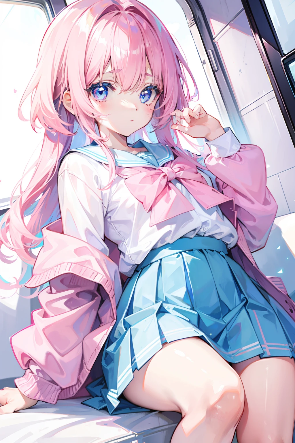 light pink colored hair，Powder-blue pupils，Wear a  with a combination of pink and blue，Milky loli，super beautifulgirl