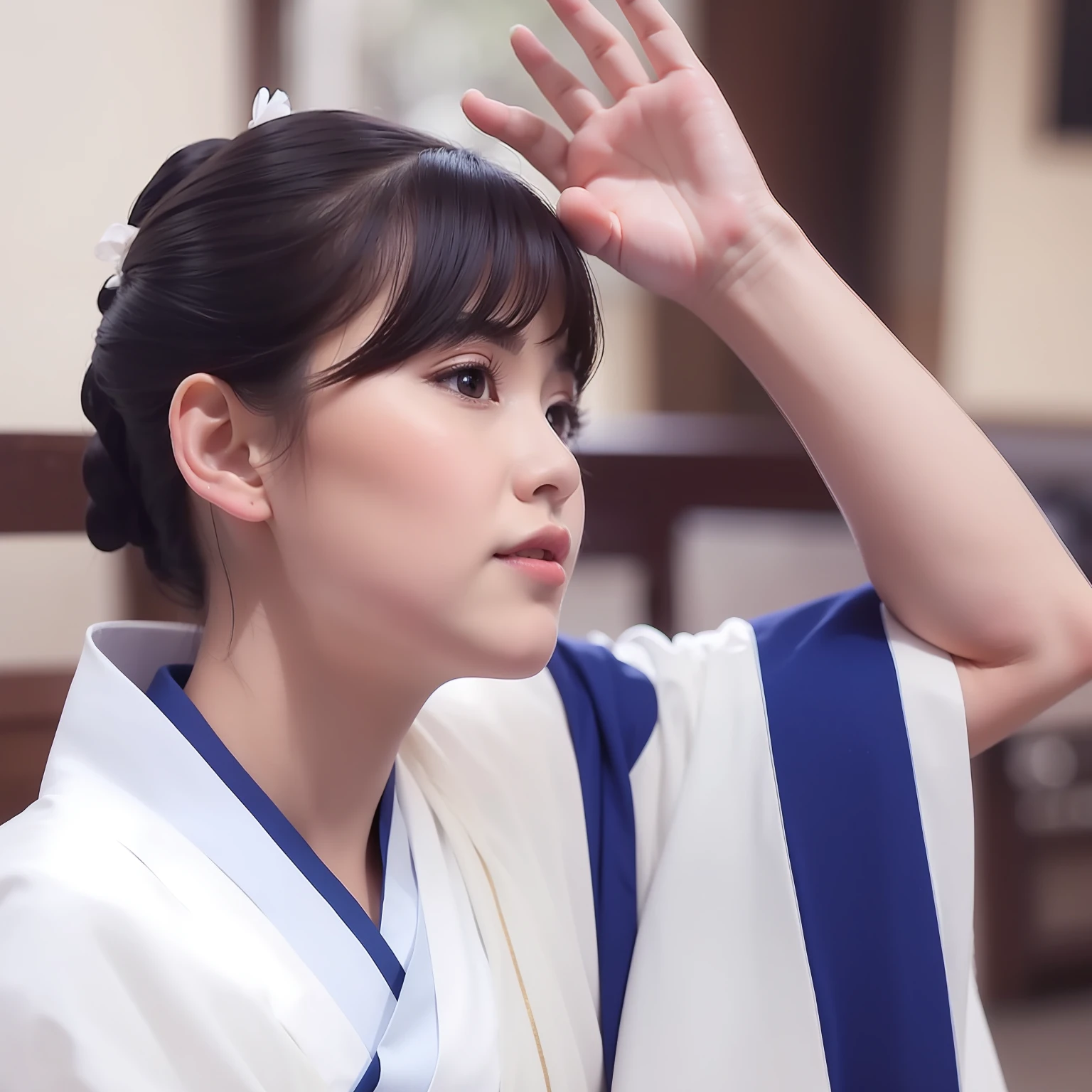 There was a woman in a white and blue dress who raised her hand。, wearing a haori, shikamimi, komono, in a kimono, Japanese woman, Wearing a kimono, Inspired by Itō Shinsui, chiho, wearing royal kimono, in a kimono, portrait of a japanese girl, Palace ， A girl in Hanfu, In the blue robe