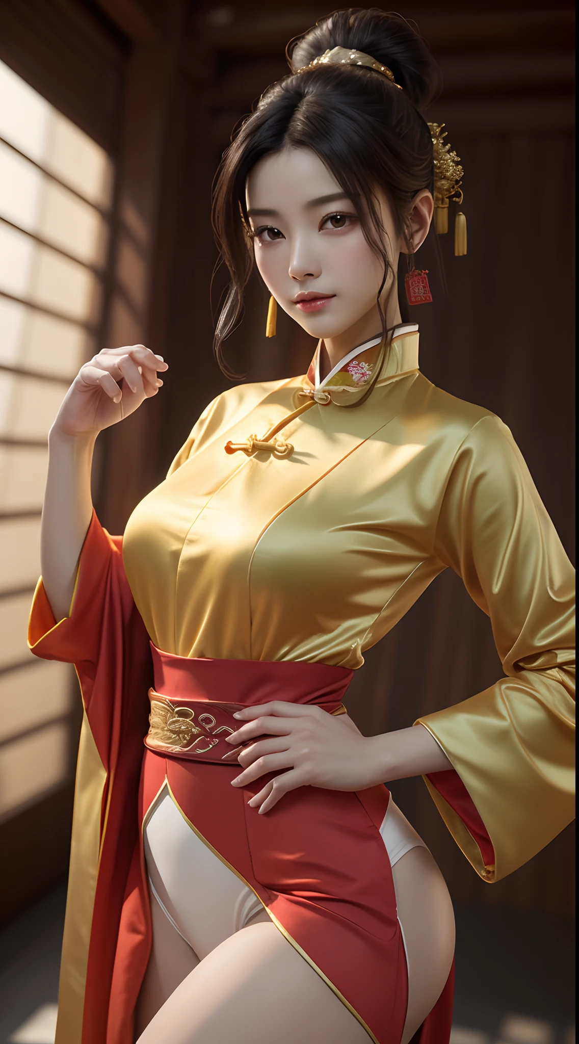 ((Uma linda garota na China antiga，As características faciais são delicadas e justas，Cool temperament，Cabelo preto enrolado em um coque，Usa um casaco dourado na cabeça，Roupas da Dinastia Song Chinesa，Vestido de noiva vermelho grande（Ultra fino），A roupa íntima é visível，coxas visíveis，pernas longas，cabelo preto comprido, raios de sol，Rosto claro super alto，Super fat，posar para uma foto，Nádegas sexy tonificadas，，construção curvilínea，Modelos plus size，Criado ，Exibe triângulos，，A vista é do equipamento na academia，Obra de arte，Grande ângulo de visão，plano médio a cena é，super detalhamento，16k pernas grossas，nádegas largas，Colossal ，estilo natural，Luz e sombra reais，Grande ângulo de visão，muito limpo，obra-prima，ultra-detalhado，alta qualidade，MaiorQualidade，A cor principal é vermelha，Elementos simples de fundo。mãos invisíveis，Sem mãos。boa qualidade)), ((obra-prima)), (o detalhe:1.4), 3D, Uma bela imagem feminina cyberpunk,hdr（Dinâmica de alto alcance）,Traçado de raios,NVIDIA RTX,Super-resolução,Irreal 5,dispersão subterrânea、Textura PBR、post-proces、Filtragem de Anisotropia、profundidade de campo, definição máxima e nitidez Texturas de qualquer camada、Albedo e mapas Speculares、Coloração de superfície、Simulação precisa de interações entre materiais leves、perfeitamente proporções、renderização de octanagem、Luz bicolor、grande abertura、ISO baixo、Balanço de branco、a regra dos terços、8K CRU、