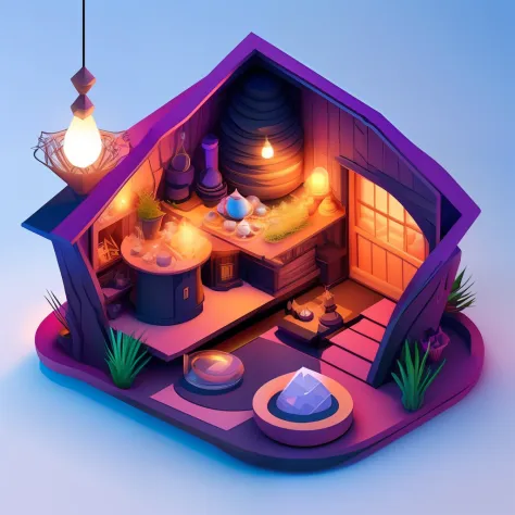 Duskamétrik Isometric section witch's cabin，Magic pot，Bubbling magic liquid，black cats，broom，crystal sphere， Incredibly detailed...