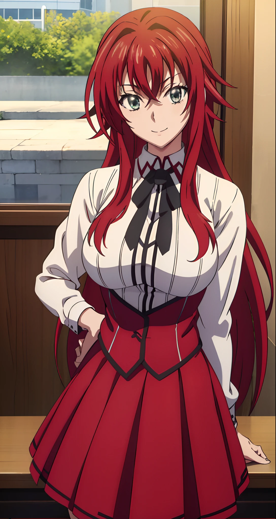 (((picture perfect))), (absurdres), 1girl, solo, rias gremory, , red skirt, looking at viewer, smile, (((upper body)))