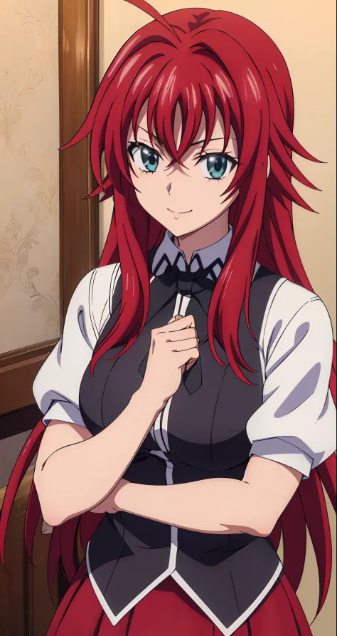 (((picture perfect))), (absurdres), 1girl, solo, rias gremory, school uniform, red skirt, looking at viewer, smile, (((upper bod...