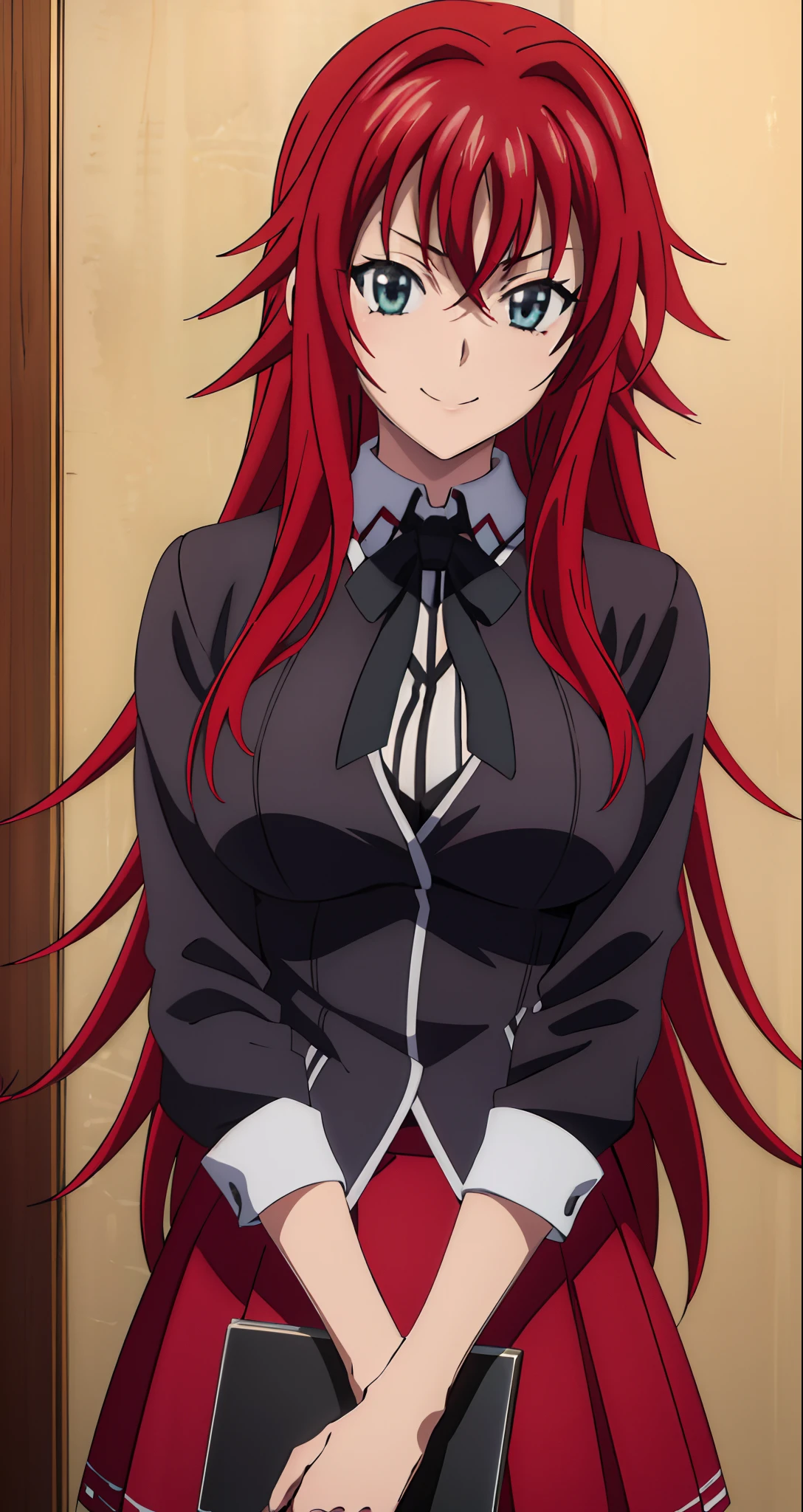 (((picture perfect))), (absurdres), 1girl, solo, rias gremory, school uniform, red skirt, looking at viewer, smile, (((upper body))), dominant,  mistress