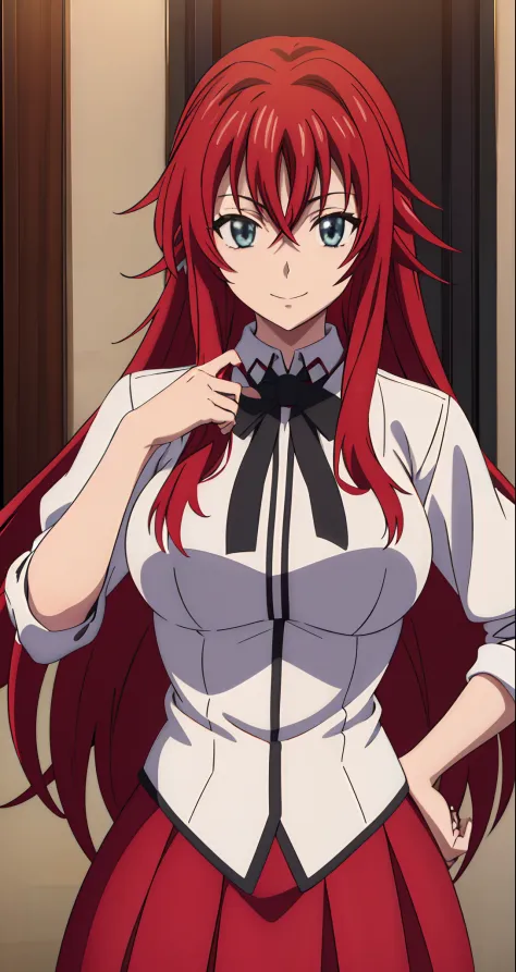 (((picture perfect))), (absurdres), 1girl, solo, rias gremory, school uniform, red skirt, looking at viewer, smile, (((upper bod...