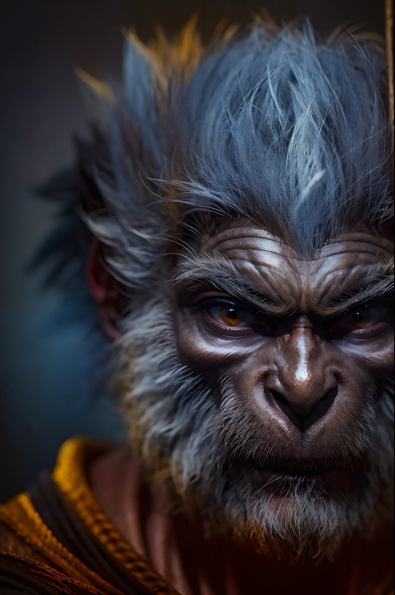 Black myth Goku，monkeys，head portrait，Close-up，of a real，Facial features are carefully depicted，Realistic skin texture，Dark style，depth of fields，high light，Real light，Ray traching，oc rendered，Hyper-realistic，best qualtiy，8K，Works of masters，super-fine，Detailed pubic hair，Correct anatomy，sharp focus on eyes，Bokeh，Facial features are carefully depicted