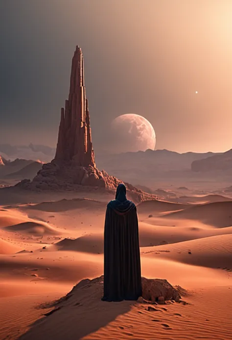 High-definition and detailed picture quality，A mysterious desert，A majestic altar rises，The height of the altar is striking。The sky is dark and mysterious，The moon shimmers red，Illuminates the earth。On the altar stood a priest in a black linen robe，Hands u...