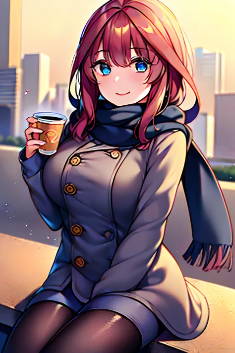 one-girl，Winter streets，A cup of milk tea in his hand，blackstockings，Wrapped in a scarf，Smiling，8k，Lots of detail，The chest is p...