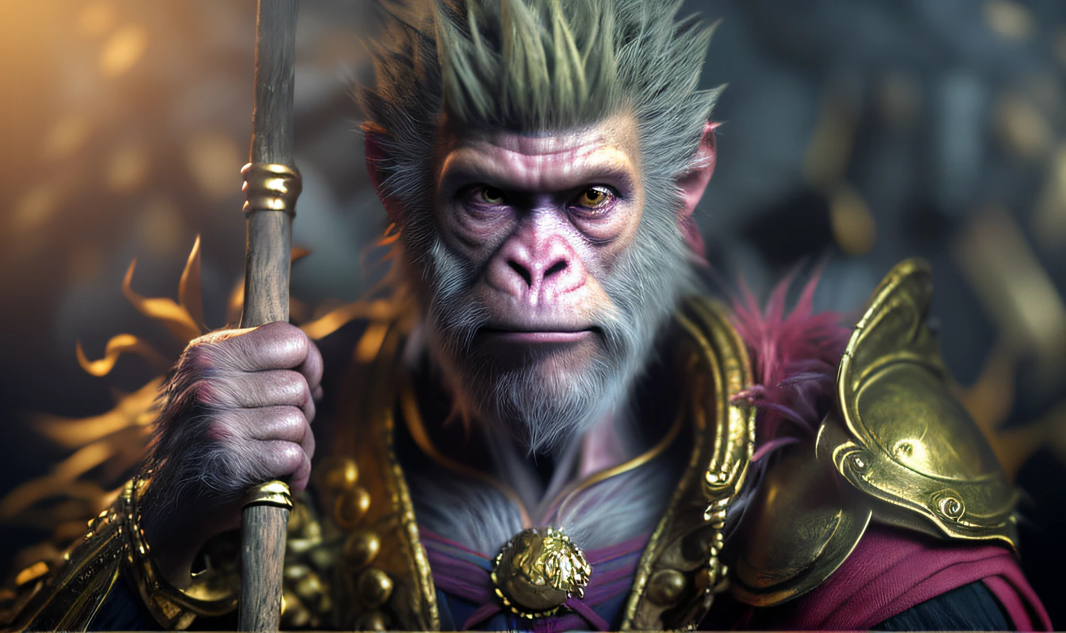 ((With a golden stick,Rotate the texture))，(Monkey transforms into bearded man 0, mito，dream magical，((Light exposure))，((marmoset render)), Wukong, unreal engine character art, Son Goku, 4k concept art and hyper realism, hyper-detailed fantasy character, cgsociety uhd 4k highly detailed, 3 d ape shaman profile portrait, Rendu portrait 8k, 8 k cg render,((dark aesthetic)))