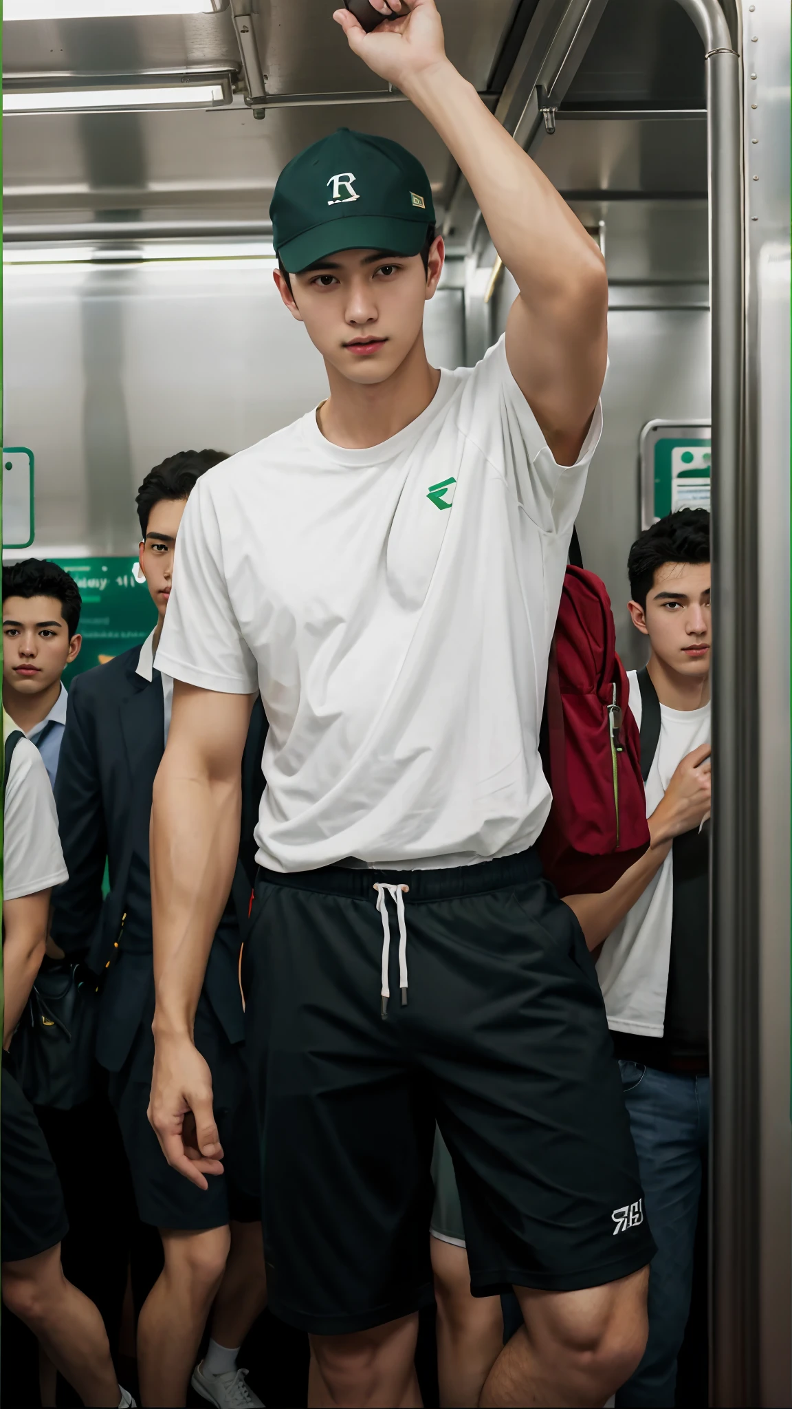 1 pessoa，Um homem de 20 anos no metrô，Parado em um vagão do metrô，Cabeça ultraplana，camiseta esportiva branca，Shorts esportivos verdes escuros，Pernas afastadas，Figura esbelta，bonito，olhando para o telefone，Mochila esportiva vermelha，Meias curtas brancas，Tênis branco，boné de beisebol branco，entusiasmado，Ficar com o rosto vermelho，corpo inteiro lésbica，expondo coxas，Expor bezerros，pêlos grossos nas pernas，Em vagões lotados do metrô，iluminação suave suave，obra-prima，melhor qualidade，8K Ultra HD，câmera digital SLR，grão de filme，Arte de pintura realista Fujifilm XT3，Escrito por Midjourney e Greg Rutkowski