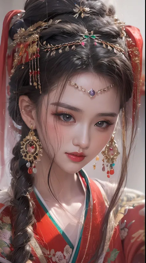 1 very beautiful queen medusha in hanfu dress, thin red silk shirt with many yellow motifs, black lace top, long hair dyed black...