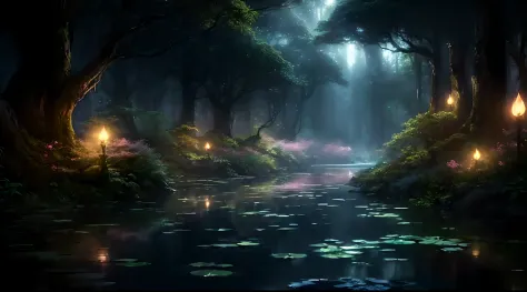 a dark forest with a stream and lots of water lillies, magical environment, mystical forest lagoon, magical fantasy forest, magical forest in the background, fantasy forest, magical forest, enchanted and magic forest, enchanted magical fantasy forest, magi...