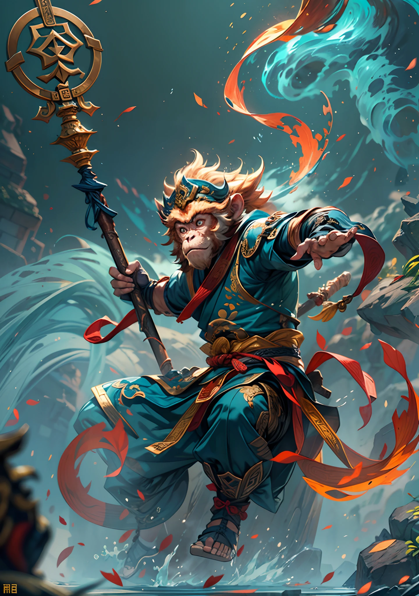 masterpiece, concept art, mid shot, dynamic pose, centered, splash art, Sun wukong, (anthropomorphism, monkey king god, holding mythical staff Ruyi Jingu Bang, Chinese myth), 1monkeyking majestic, solo, male focus, fiery effect, detailed eyes, shaded face, Chinese armor chest, armor, blue clothes, pauldrons, unreal engine, 8k, super detail, depth of field, studio lighting, (epic composition, epic proportion), Award Winning,