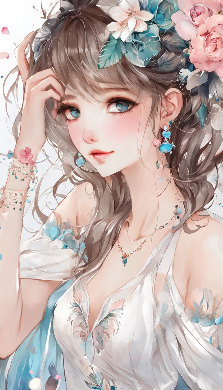 (best qualtiy，tmasterpiece), Beautiful teenage girl, Beautiful goddess, Sexy goddess, ((The shirt, short  skirt, Floral)), Beautiful hair accessories, Pear, Detailed scenes, the night, starrysky, cold light, (in pink, white colors, cyan colors), ((from side)), ((full body)), ((realistic))