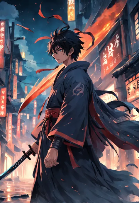 One guy、Katana in hand，The katana reflection is very realistic，His cloak covered his face，His hand was on the hilt，Body precursor，There are a lot of enemies around，The atmosphere was very tense，extremy detailed, realistic raytraicing, Epic composition, （Co...