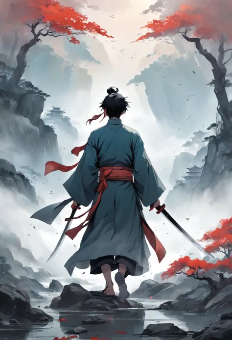 Draw a man with a sword in a misty landscape, inspired by Sōami, by Yang J, author：Shen Zhou, concept art illustration, traditional japanese concept art, Inspired by Feng Zhu, illustration concept art, Inspired by Shen Zhou, inspired by Zhang Sengyao, auth...