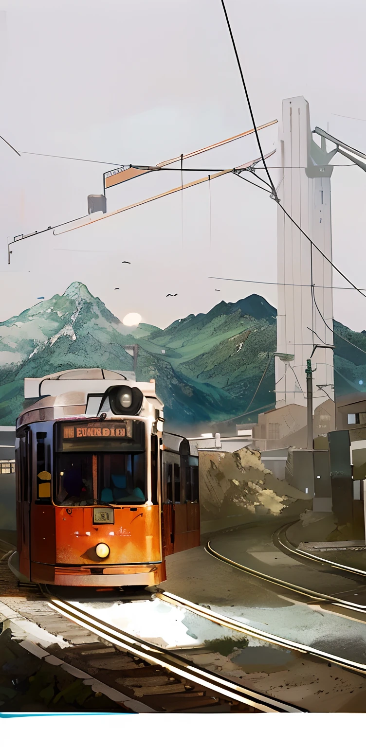 Es fährt eine Straßenbahn auf den Gleisen., Im Hintergrund ist eine Brücke，In der Ferne ist ein Berg，HD funktioniert，Sonnenbestrahlung，Licht，Inspiriert von Otto Meyer-Armden,  Illustration Matte Painting, MattePainting, Digitale Malerei von Zürich, Stadtbahn