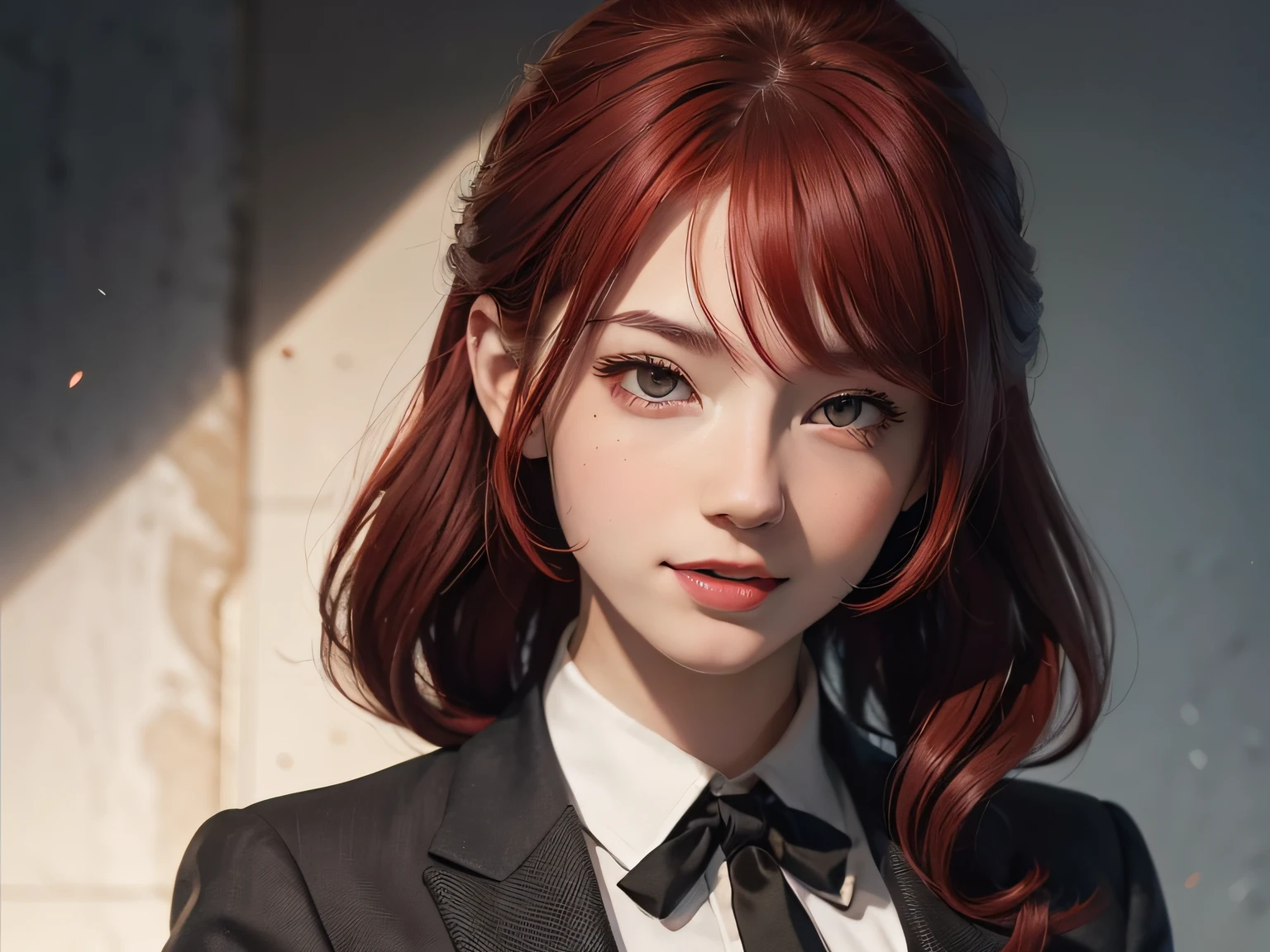 Highly detailed face with round, beautiful black eyes and joy expression, featuring red hair styled in a bang hairstyle. The character is wearing a white shirt and black tie, indicating a formal attire. Age of the character is 20 and there is only one girl depicted in the scene. Prominence should be given to showcasing the perfect body of the character.