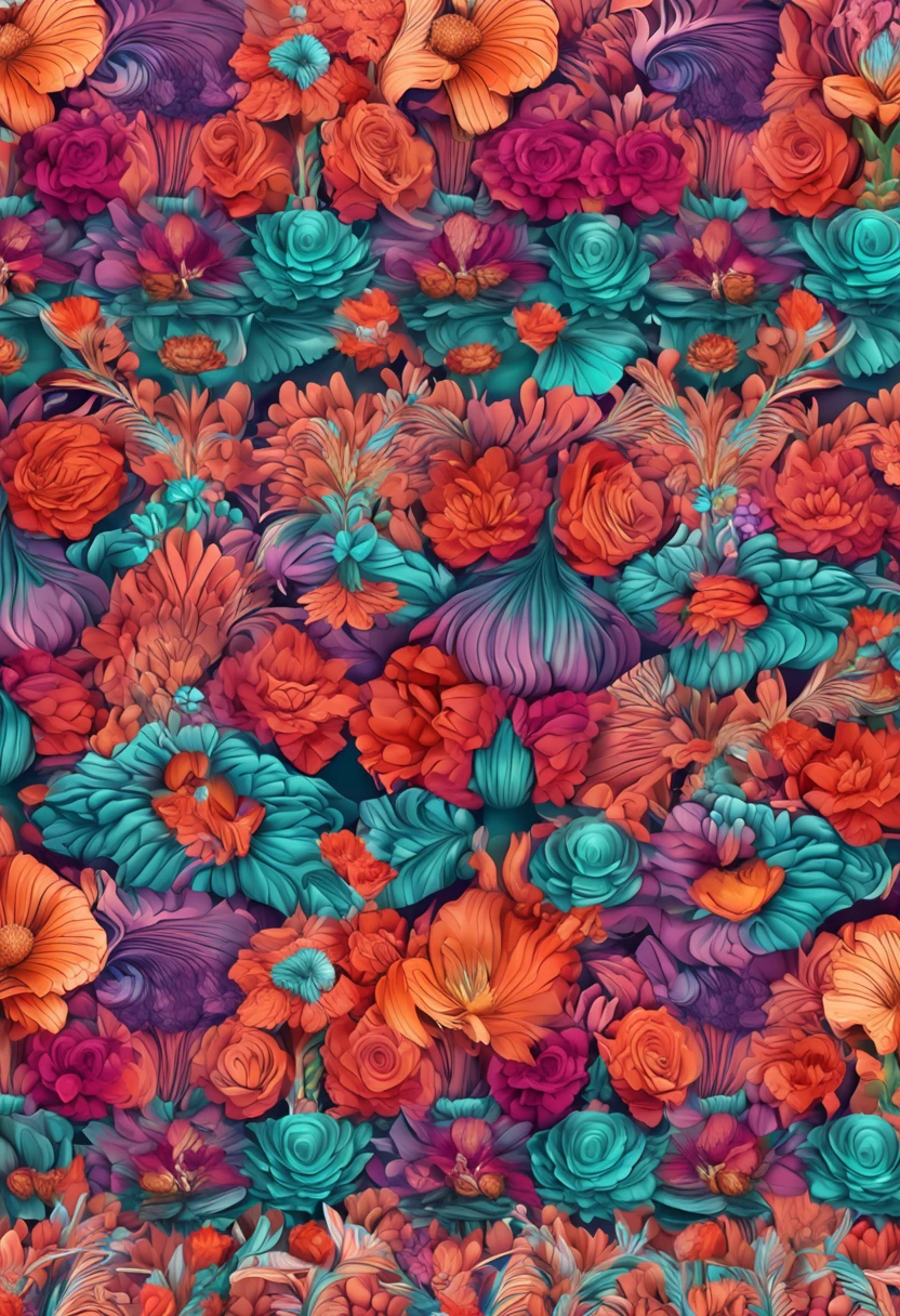 Beautiful repeating beautiful floral patterns in gemstone tones, 3d effect, Ultra photo realsisim , Pinterres, The hexadecimal code color is 5ABCB9, 63E2C6, FB6376, 613F75, 0C6291 only, Flowing, the wallpaper, Artistic