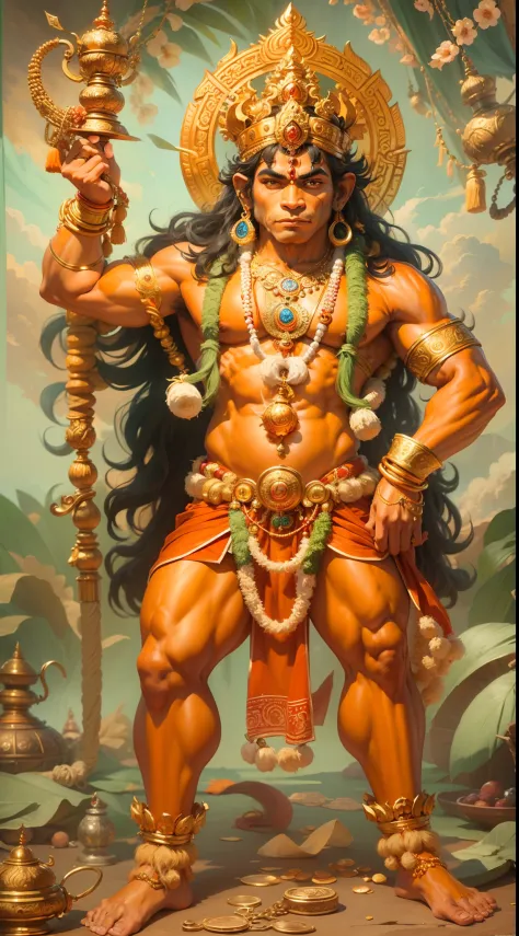 "UHD realistic masterpiece depicting Lord Hanuman, the Moneyman, in vibrant orange clothes, adorned with a dhoti, tilak, and crown. He holds a gada weapon, in a meditation pose, with long hair flowing and wearing a necklace, earring, and ring."