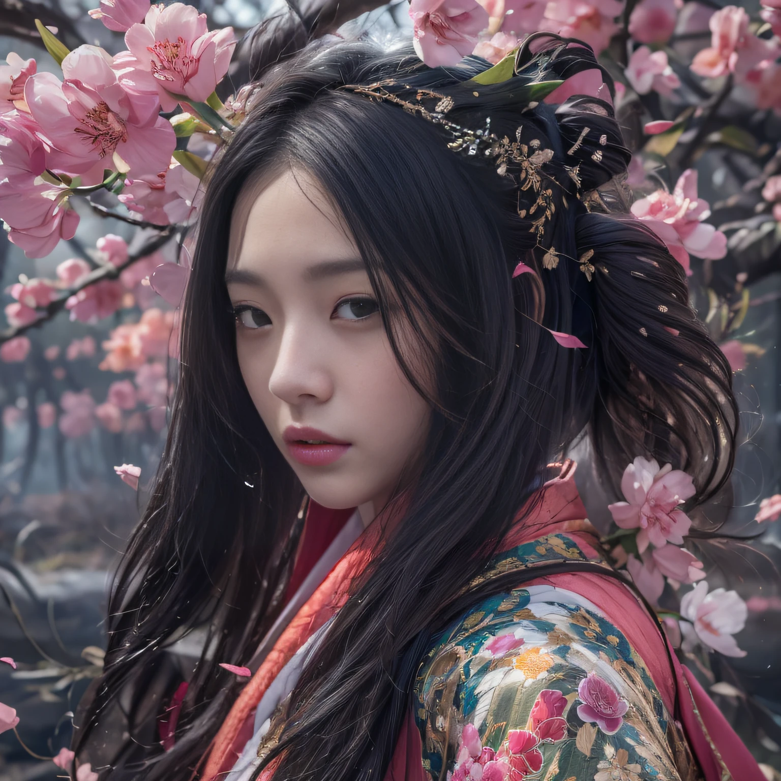 32K（tmasterpiece，k hd，hyper HD，32K）Long flowing black hair，Bamboo forest pond，zydink， a color，  Asian people （Silly girl）， （Silk scarf）， Combat posture， looking at the ground， long whitr hair， Floating hair， Carp pattern headdress， Chinese long-sleeved clothing， （abstract ink splash：1.2）， Pink petal background，Pink and white tulips fly（realisticlying：1.4），Black color hair，Fallen leaves flutter，Thick fog background， A high resolution， the detail， RAW photogr， Sharp Re， Nikon D850 Film Stock Photo by Jefferies Lee 4 Kodak Portra 400 Camera F1.6 shots, Rich colors, ultra-realistic vivid textures, Dramatic lighting, Unreal Engine Art Station Trend, cinestir 800，Long flowing black hair