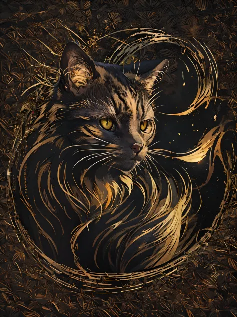 Logotipo de arte de linha de um gato de fogo, dourado, gato de fogo, solid black background, illustration