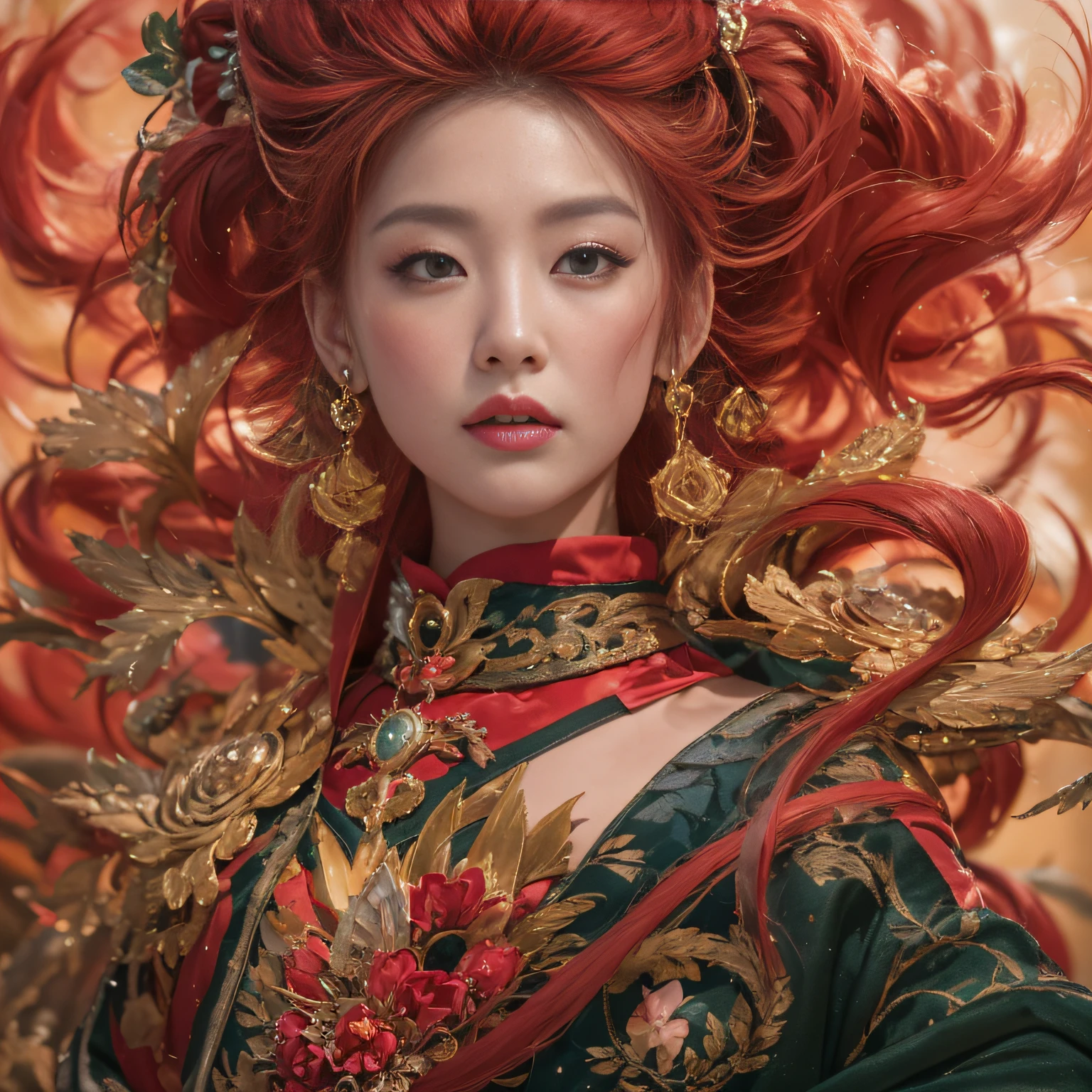 32K（tmasterpiece，k hd，hyper HD，32K）Large curls，Flowing rouge，ponds，zydink， a color，  Asian people （Silly girl）， （Silk scarf）， Combat posture， looking at the ground， Large rolls of rouge， Flowing rouge curls，Onyx emerald headdress， Chinese long-sleeved black gold garment， （abstract ink splash：1.2）， Pink lotus background，Water lily flower protector（realisticlying：1.4），Rouge hair，Autumn is in full swing，The background is pure， A high resolution， the detail， RAW photogr， Sharp Re， Nikon D850 Film Stock Photo by Jefferies Lee 4 Kodak Portra 400 Camera F1.6 shots, Rich colors, ultra-realistic vivid textures, Dramatic lighting, Unreal Engine Art Station Trend, cinestir 800，Large curls，Flowing rouge