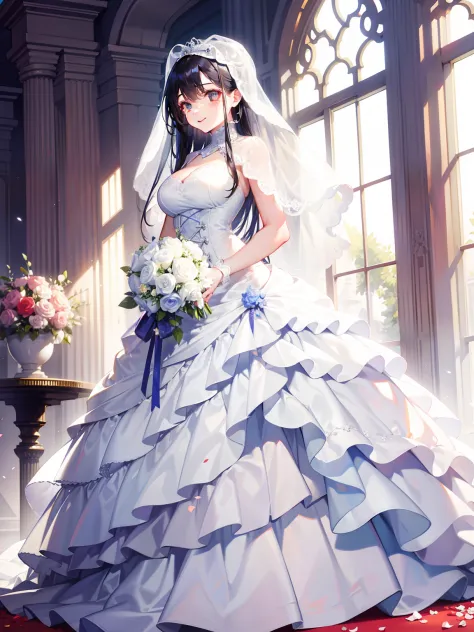 ，wedding gown，Bride，marriage，Beautifully dressed，Shiny clothes，Lace on clothes，Clothes lace，Large skirt，Lace trim，stand posture，facing the front there，Flowers in hand，ssmile，light yarn，full bodyesbian