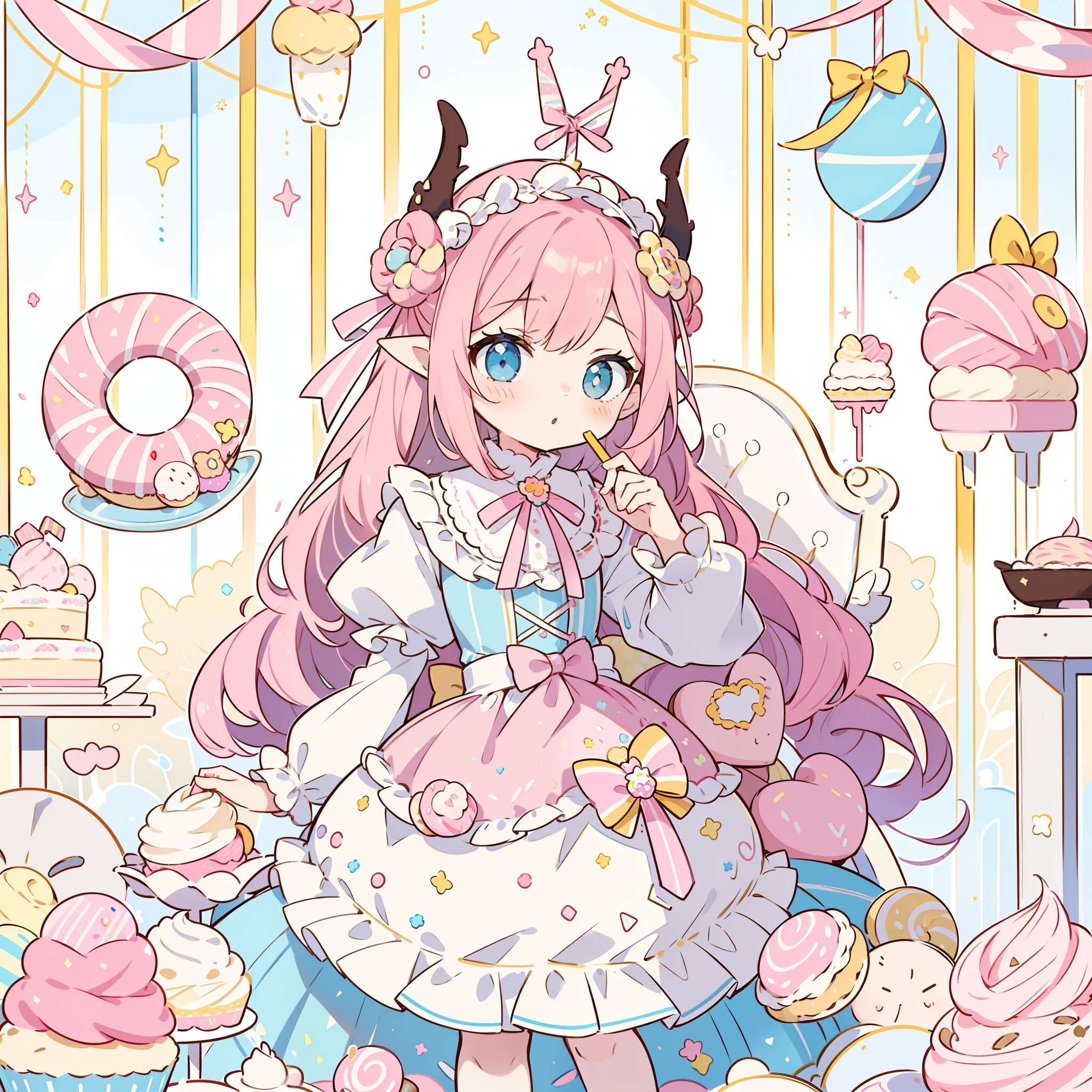 1girl, pastel muted colors, (color palette is yellow:1.2, blue:1.2, pink:1.2), sitted in a throne made out of sweets and pastries, for example donuts, sprinkles, candy, lollipops, candycane, cake, cupcakes, cakepops, frills and lace, polka dot patterns, long bat ears