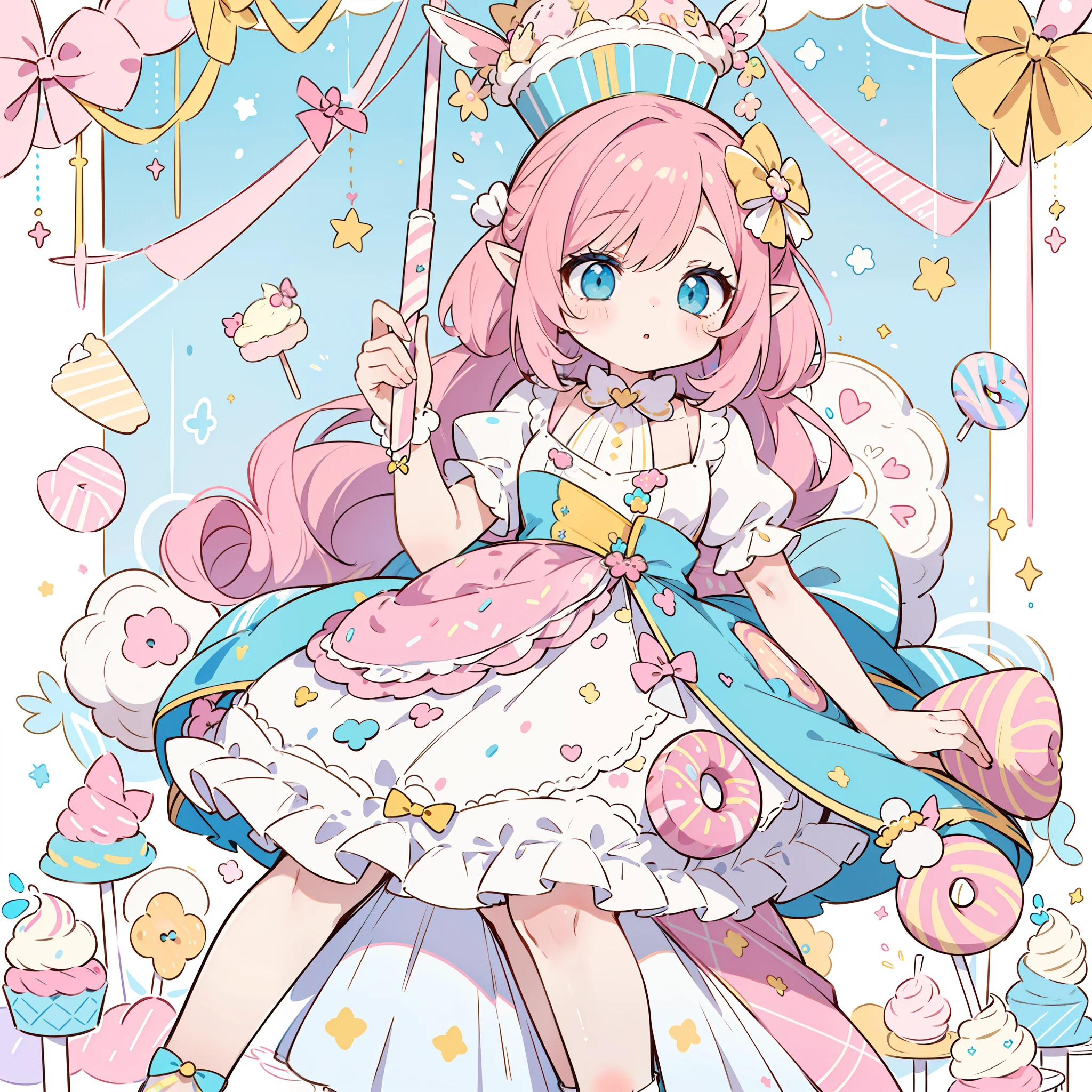 1girl, pastel muted colors, (color palette is yellow:1.2, blue:1.2, pink:1.2), sitted in a throne made out of sweets and pastries, for example donuts, sprinkles, candy, lollipops, candycane, cake, cupcakes, cakepops, frills and lace, polka dot patterns, long bat ears
