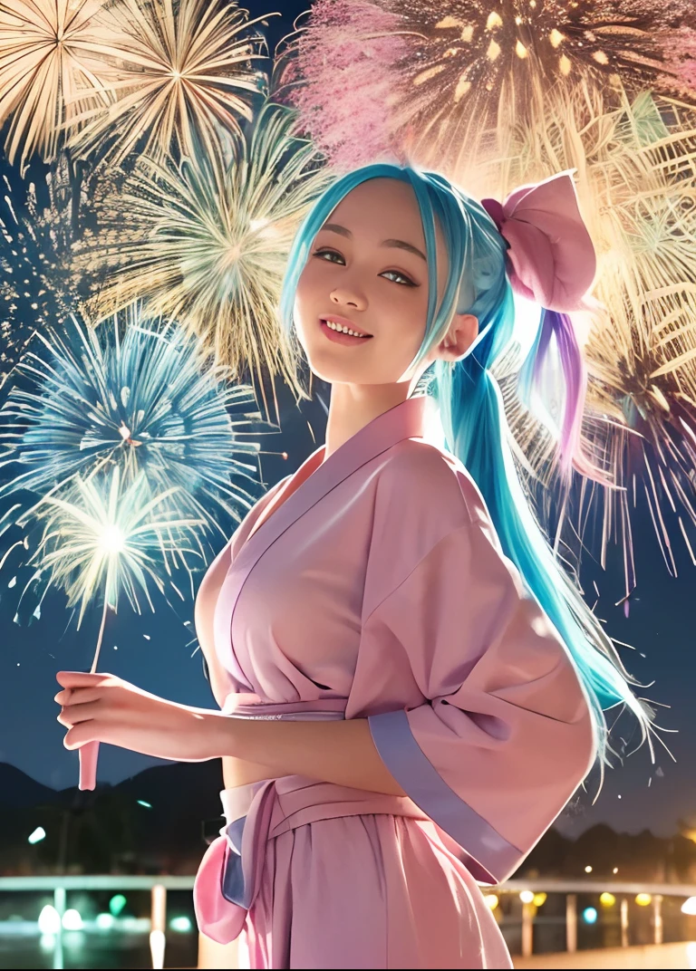 menina com cabelo azul, (((Um rabo de cavalo que se estende até a cintura com a testa para fora))),Pendure apenas as pontas da franja (Garota de yukata rosa), Vista-se lindamente com um yukata, yukata rosa, quimono rosa, Um grande sorriso com o rosto voltado para mim, [ fogos de artifício in the sky ]!!, de uma peça, Bibi inteira, Bibi One Piece, fogos de artifício, Brilhantes, Admirador de arte, estilo de arte de uma peça