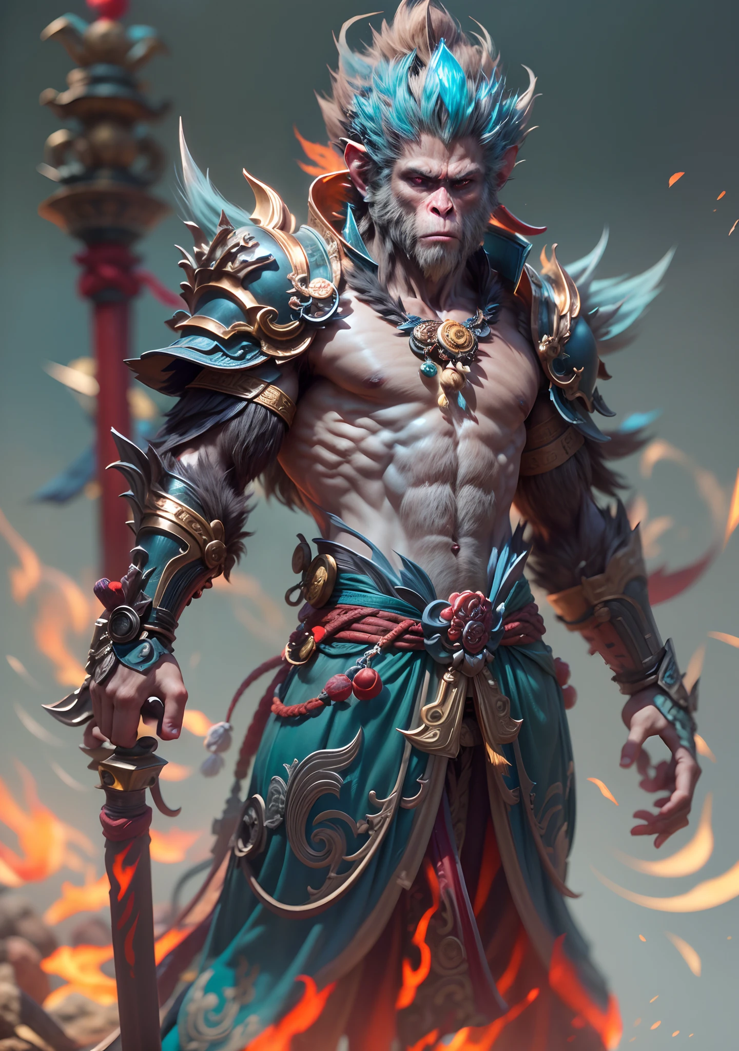masterpiece, concept art, mid shot, dynamic pose, centered, splash art, Sun wukong, (anthropomorphism, monkey king god, holding mythical staff Ruyi Jingu Bang, Chinese myth), 1monkeyking majestic, solo, male focus, fiery effect, detailed eyes, shaded face, Chinese armor chest, armor, blue clothes, pauldrons, unreal engine, 8k, super detail, depth of field, studio lighting, (epic composition, epic proportion), Award Winning,