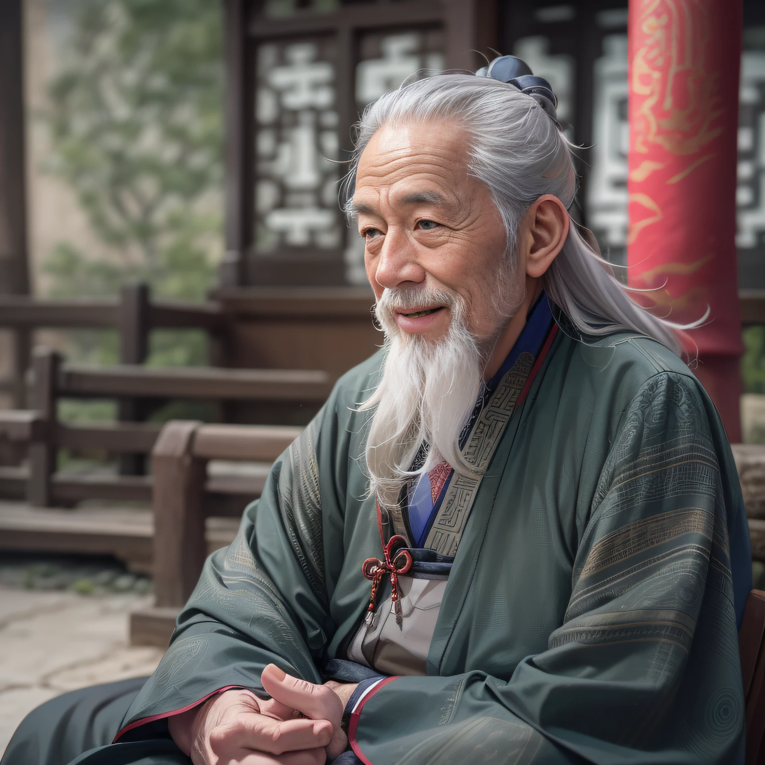 Um velho de cabelos grisalhos, Vestido com roupas chinesas antigas cinza, sorridente, 80 anos,Meio da lente,Barba branca pequena,ancestral,
dentro de casa, Templo Taoísta Chinês, ancestral chinese temple,sentado de pernas cruzadas,ancestral Chinese architecture,
tiro médio, melhor qualidade,fotografado,