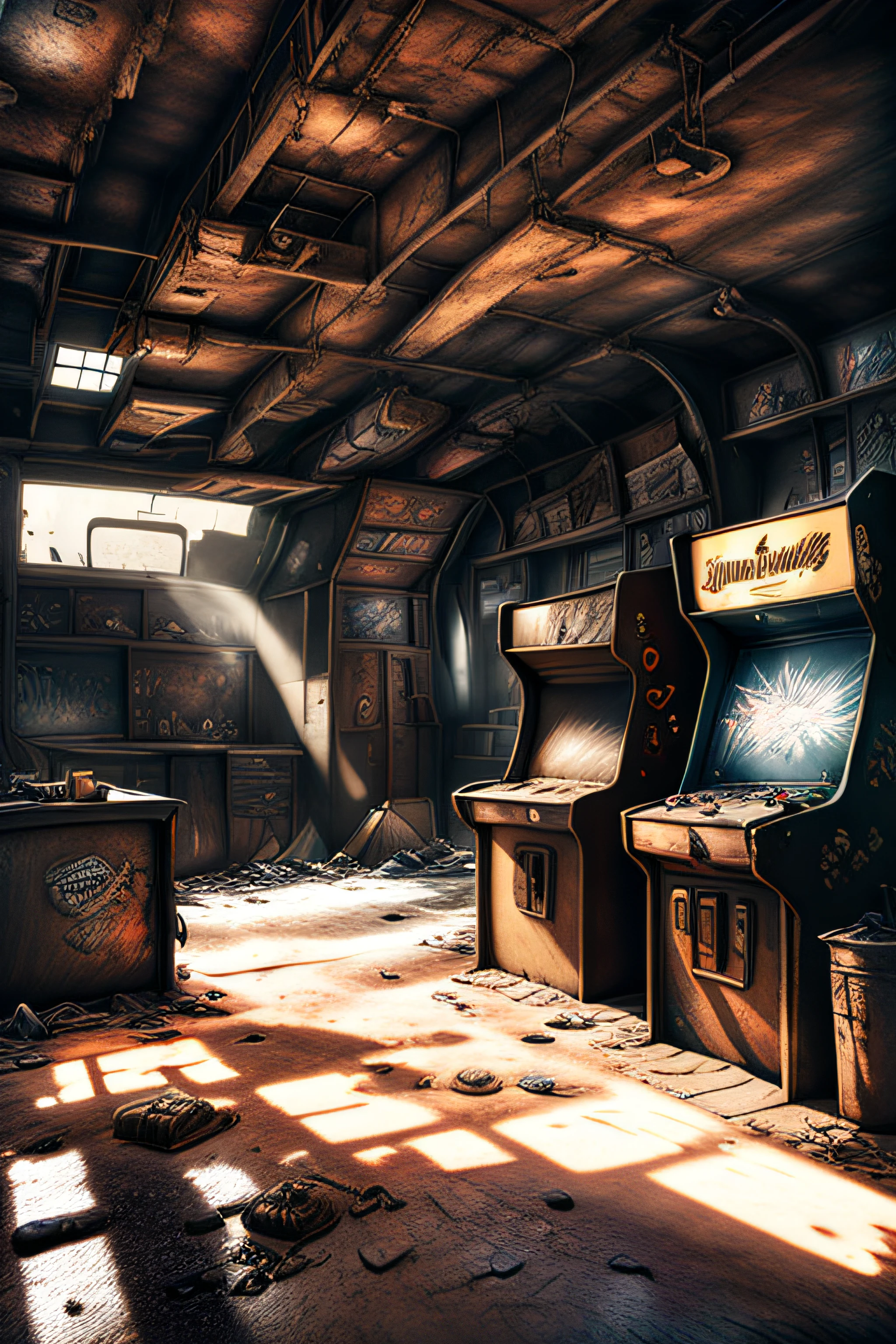 post apocalyptic_brincar_zona , a room with several machines, Filip Hodas, unreal engine render, a 3D render, Neogeo, street fighter , ryu, ken,