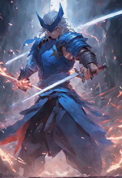 A reloaded swordsman，Super thick armor wraps around the entire body，A giant sword with both hands on the ground，The blue spinning sword qi overflowed，，Blood，depth of fields，dynamic blur，high light，Real light，Ray traching，oc rendered，Hyper-realistic，best qu...