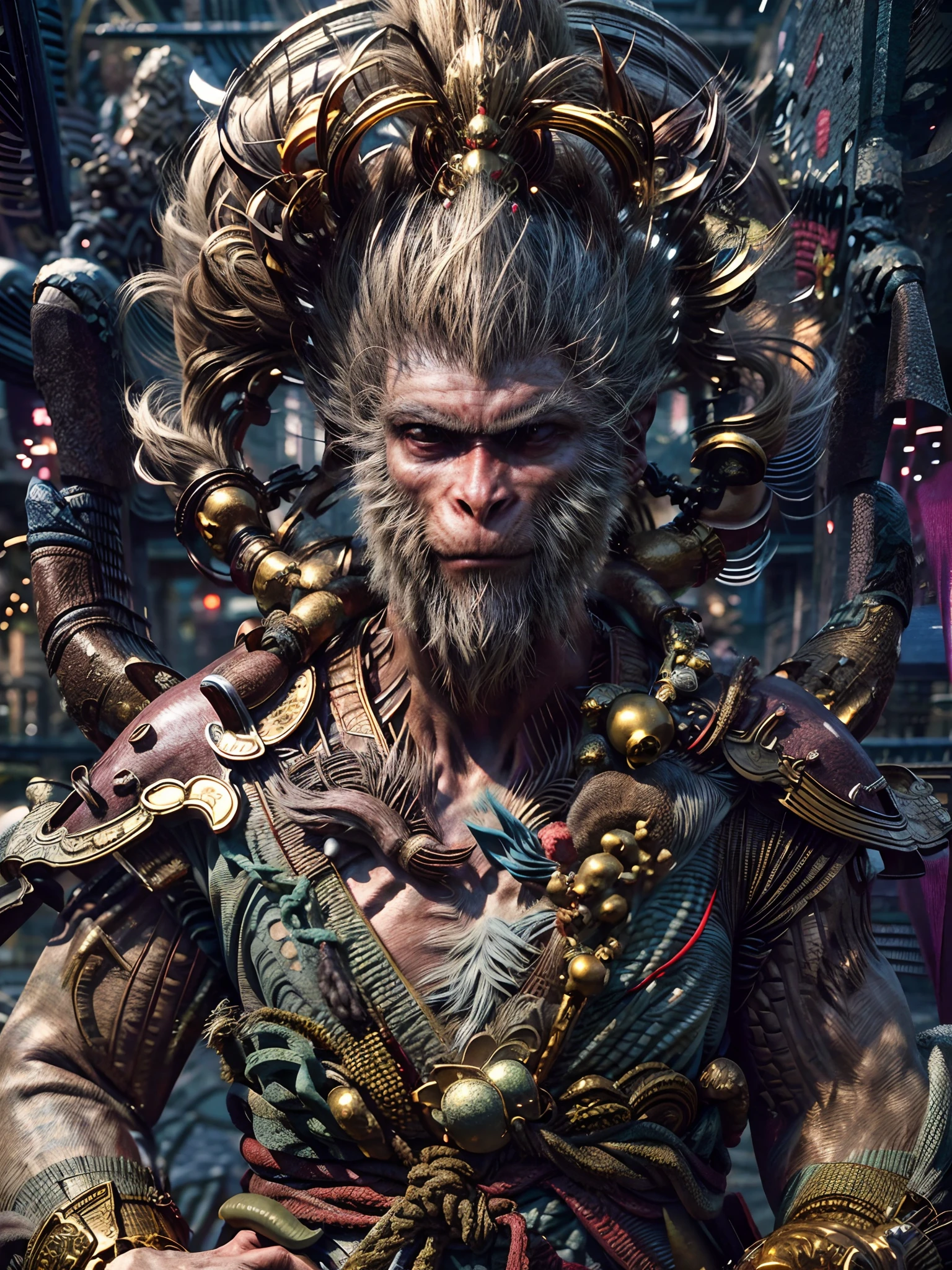 (Masterpiece, A sacred portrayal of the Monkey King:1.4), wukong，(Charming illustration of monkey god in his iconic appearance:1.2), (Meticulous details capture his palatial presence:1.2), (Created to commemorate mythical figures in Chinese folklore:1.2), (The Monkey King wears a golden crown, Symbolizes his pious status:1.3), (His hairy muscles exude strength and majesty:1.3), (Dressed in bright red and gold robes, Pay tribute to his legendary journey:1.1), (Holding a long staff, Firmly rooted in the ground, The embodiment of his power:1.3), (Perched atop a magnificent Chinese temple, Prove his divinity:1.1), (Intricate temple architecture，Vivid red and gold tones:1.1), (The vibrant blue sky contrasts:1.1), (The wind rustled his fur and robe, Add dynamic motion to your scene:1.1), (His eyes radiate wisdom and confidence:1.1), (The gold headdress sparkles in the sun, A symbol of his celestial origins:1.1), (Capture the otherworldly aura and depiction of existence of the gods:1.1), (The color scheme enhances the cultural richness of the scene:1.1), (A depiction that pays homage to the legendary status and significance of God:1.1), (One invites viewers to marvel at the image of the majestic avatar of the Monkey King:1.1)), Cinematic, Hyper-detailed, insanely details, beautifully color-graded, illusory engine, degrees of , Hyper-Resolution, megapixel, Cinematic lightning, Anti-aliasing, FKAA, TXAA, RTX, SSAO, post-proces, postproduction, Tone-mapping, .CGI, vfx, SFX, insanely detailed and intricate, hyper-maximalist, Ultra photo realsisim, volumetr, Photorealistic, The ultra-realistice, Ultra-detailed, Intricate details, Super detailed, Full color, Volumetric lightning, hdr, Realistic, illusory engine, 16k, Sharp focus, rendering by octane