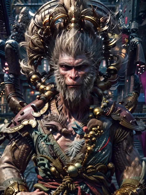 (Masterpiece, A sacred portrayal of the Monkey King:1.4), wukong，(Charming illustration of monkey god in his iconic appearance:1...