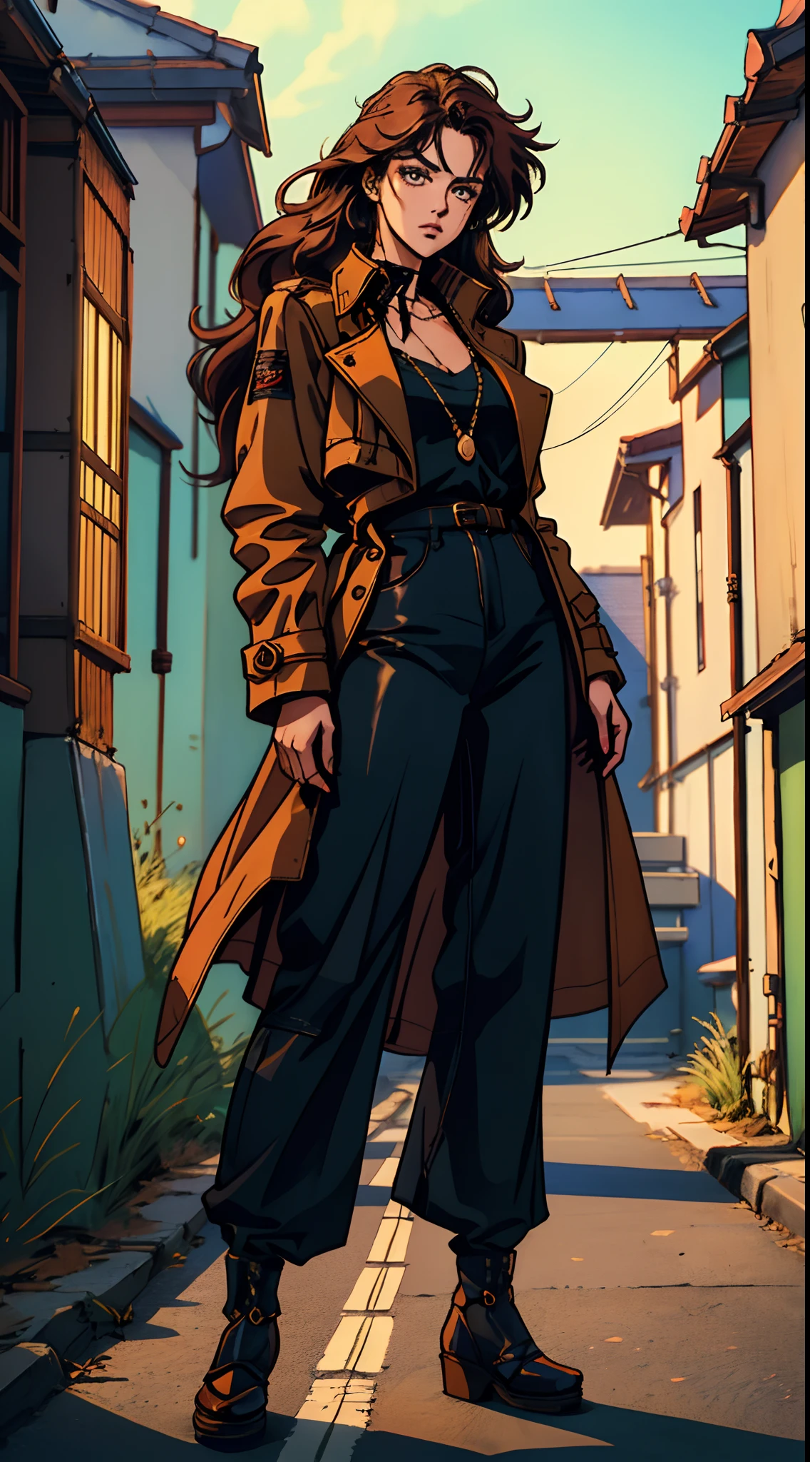 a beautiful woman with voluminous orange-brown long hair, featuring well-defined and deep facial features, her eyes emanate a resolute gaze, she is dressed in a form-fitting leather jacket and pants in shades of dark red and dark yellow, layered over her attire is a loose oversized trench coat, her movements convey an air of restlessness and unease, the character design portrays a punk-style character with a Japanese anime design, the artwork features finely detailed character design, showcasing a mature Japanese manga artistic style, ((character concept art)), high definition, best quality, ultra-detailed, extremely delicate, anatomically correct, symmetrical face, extremely detailed eyes and face, high quality eyes, creativity, RAW photo, UHD, 8k, (Natural light, professional lighting:1.2, cinematic lighting:1.5, best shadow), (masterpiece:1.5)
