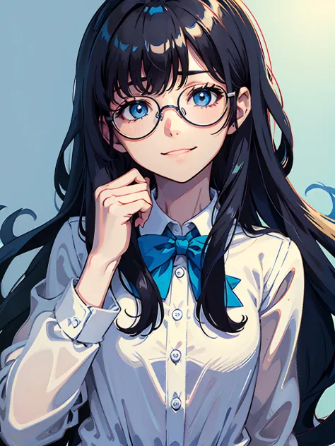 Hands naturally lowered，White color blouse，blue bowtie，circle glasses，A subtle smile，Long hair，black color hair，Very long hair，L...