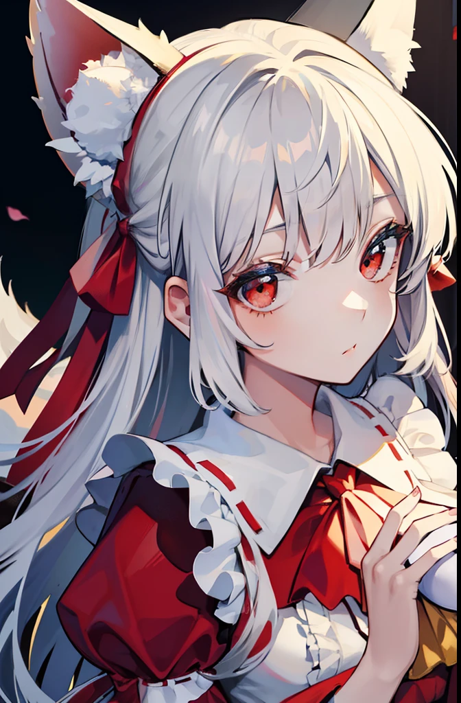 top-quality, ​masterpiece, ultra-detailliert, a beautiful detailed girl, extremely detailed eye and face, 17 years old girl, a beauty girl, Alafe dressed in a red and white maid dress, a large ribbon on the head, Silky Super Long Straight, Very delicate depiction of hair, Anime girl cosplay, reimu hakurei, Holding a fox mask