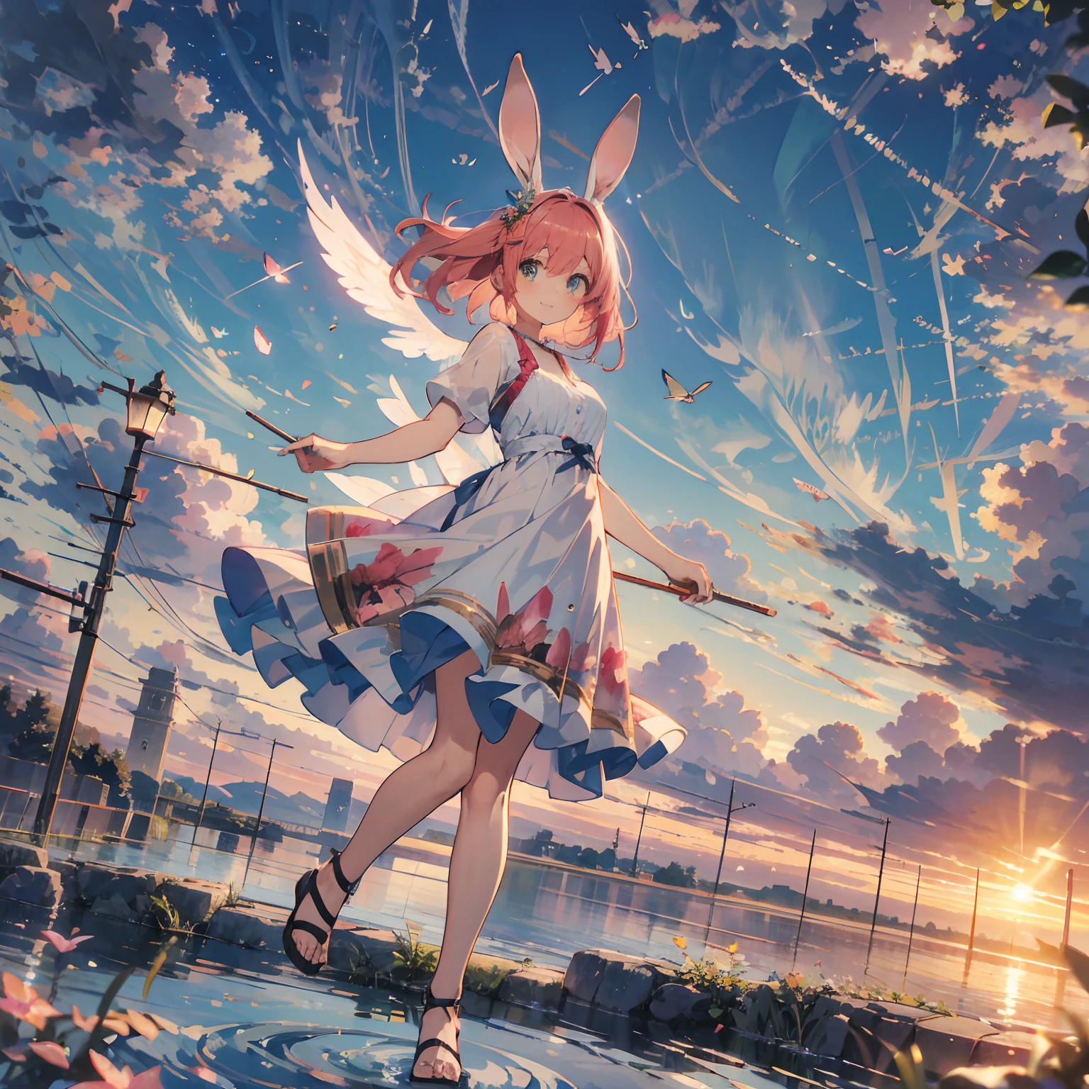 Clouds float in the sky，The setting sun dyed the wings red，The girl smiled happily，Long pink hair fluttering。She stepped on ancient Roman sandals，Dynamic hair texture blur of hair, Like a movie shot。It's a masterpiece，High-quality graphics，With depth of field and story。The girl also wears pink rabbit ears。